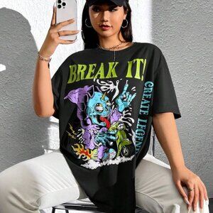 SHEIN EZwear Plus Skull & Slogan Break It Size L Graphic Drop Black Shoulder Tee